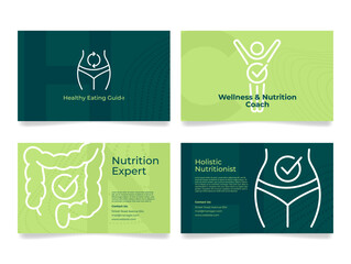 Nutrition expert card depicting various health-related services and a healthy eating guide in vibrant green tones