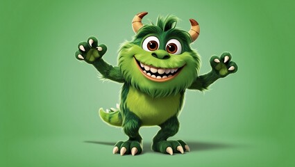 Obraz premium Happy green furry monster isolated on green background