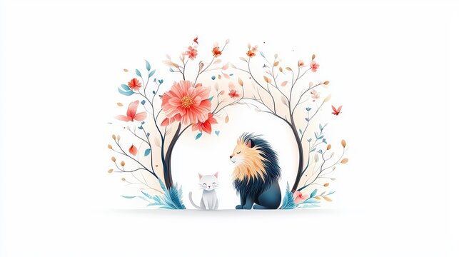 A cute kitten sits before a mirror, its reflection revealing a mighty lion, symbolizing a transformation of courage and strength. High-res, minimalist design.