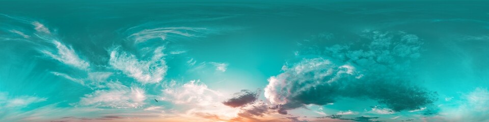 360 panorama of glowing sunset sky with bright Cirrus clouds. Seamless hdr spherical 360 panorama. Sky dome in 3D visualization, sky replacement for aerial drone panoramas. Weather and climate change