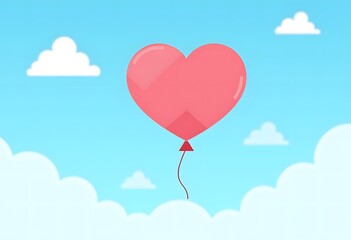 Obraz premium Red heart balloon cheerfully floating in blue sky with fluffy clouds