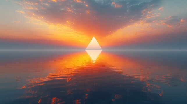 Triangular formation of orange and white vertical lines, reflected flawlessly on a still water surface, creating a sense of infinite symmetry