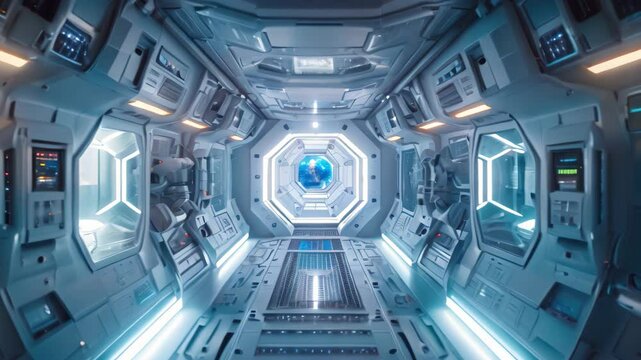 Futuristic Space Station Illuminated With Lights and Electronics, The interior of a spaceship powered by biofuel