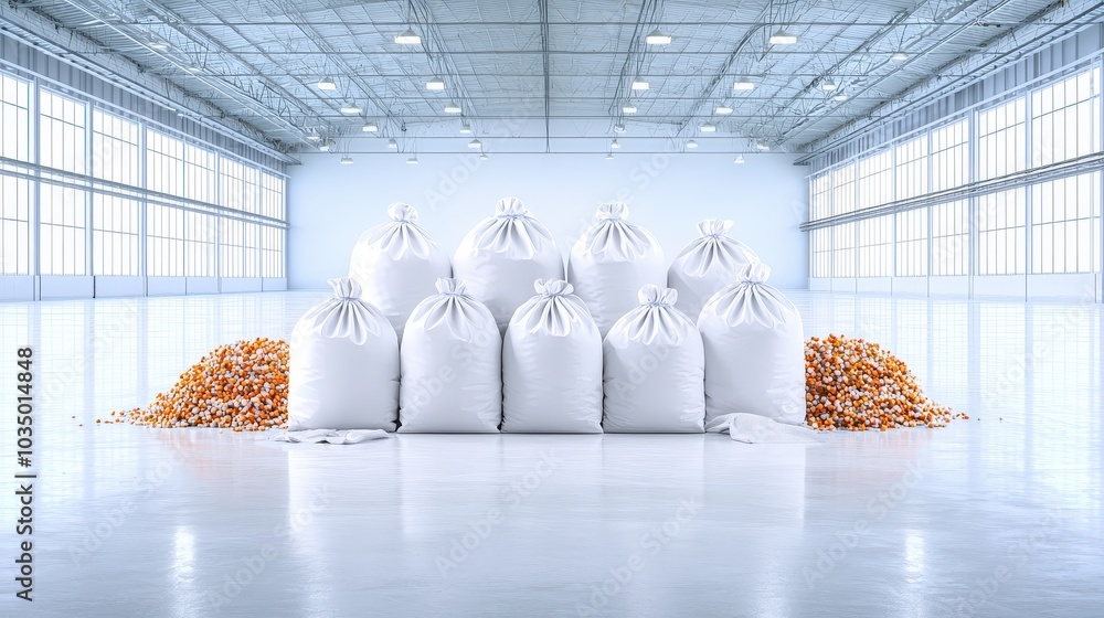 Poster a high-resolution image capturing the orderly arrangement of rows of white sack bags stacked neatly 
