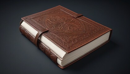 A handcrafted journal with embossed leather cover, laid open to reveal blank pages against a dark background, Generative AI