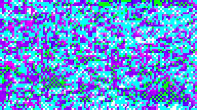 Abstract pixel retro 8bit chaotic lo-fi flowing purple blue video game glitch noise texture, square tiles animated retro video game pixelated background, seamless looped vj pattern 80s, 90s texture
