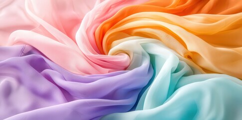Obraz premium Ethereal chiffon fabric in vibrant rainbow colors, flowing gracefully and dynamically in a soft, airy breeze.