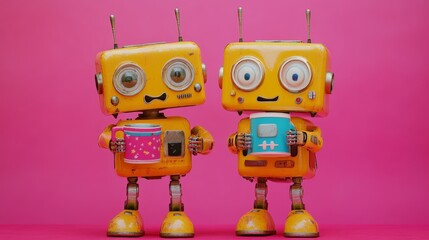 Fototapeta premium Two adorable yellow robots holding colorful mugs, standing on a vibrant bright pink background, expressive eyes and antennae, playful and whimsical