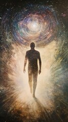 Fototapeta premium Mystical Silhouette of a Human Figure Walking Towards a Cosmic Light