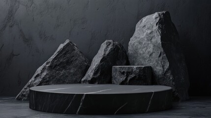 Black Marble Platform with Rocks