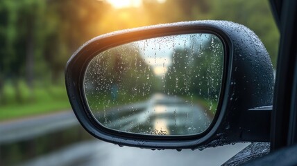 Car mirror with raindrops reflecting wet road in lush green landscape