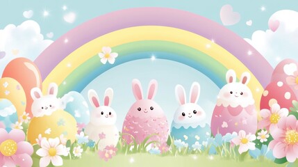 Adorable Easter bunnies and colorful eggs under a pastel rainbow in a whimsical garden, AI