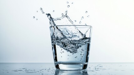 Clear glass of water with ice splashing on light background