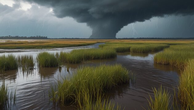 A coastal marshland during a heavy rainstorm, with flooding waters and bent grasses illustrating the impact of severe weather on natural ecosystems, Generative AI
