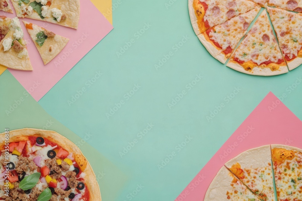 Poster a delightful spread of tacos and pizza is artistically arranged in geometric patterns, highlighting 