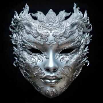 Chinese traditional Nuo opera silver metal mask on black background