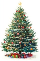 Classic watercolor picture of a Christmas tree with lights and toys