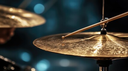 Obraz premium Drumstick striking cymbal in dimly lit setting