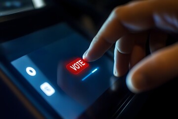 Obraz premium Fingers Pressing a Vote Button on a Touchscreen for Modern Digital Elections