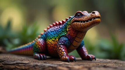 Obraz premium A colorful, detailed, handmade figurine of a crocodile with a rainbow pattern, resting on a wooden log in a blurred green forest background.