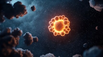 Fototapeta premium Abstract glowing oxygen molecule surrounded by digital particles, creating a futuristic cosmic atmosphere.