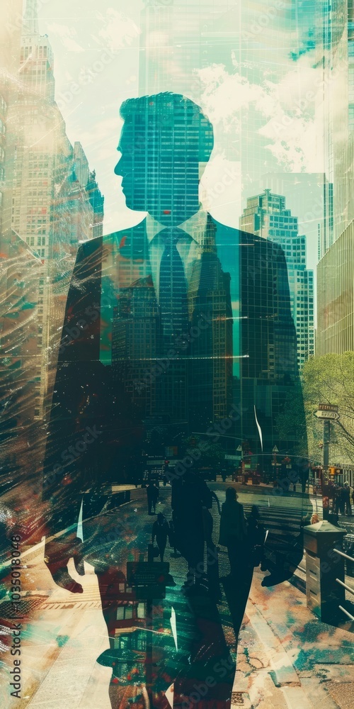 Poster a surreal multiple exposure photograph creating an artistic interpretation of a businessman's dynami