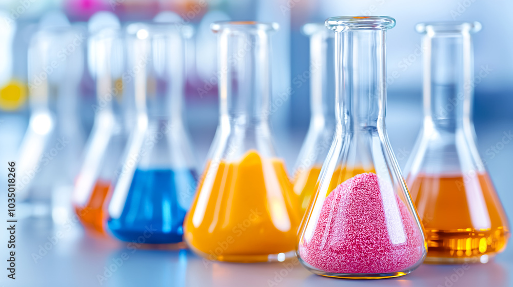 Poster brightly colored solutions and powders are displayed in multiple flasks on a laboratory table, showc