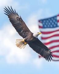 Naklejka premium Majestic Bald Eagle Soaring with Unfurled Wings Against Flowing American Flag