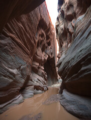 Hiking in Buckskin Gulch by the Flooded canyon bottom after the rain 