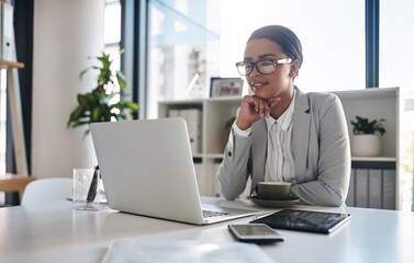Office, businesswoman and smile with laptop for thinking, reading information and online research....