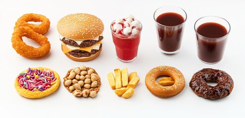 Variety of fast food items and beverages.