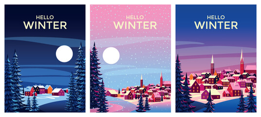 Vector Set of 3 winter season landscapes. Pine trees in the first plan and village and forest under the snow in the background. Handmade drawing vector illustration.