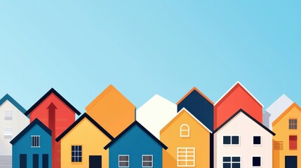 Colorful houses under a clear blue sky on an isolated background.
