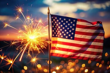 The American flag, alive with sparklers and colorful abstract lights, represents the joy and pride of Independence Day and Memorial Day festivities.