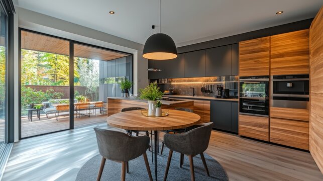 Fototapeta A sleek modern kitchen featuring wood cabinetry, a round dining table, and large windows that open onto a patio with outdoor seating in a bright, welcoming space.