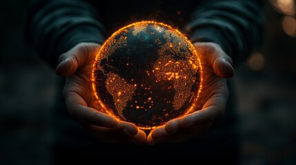 A pair of hands surrounds a glowing digital globe, highlighting the concept of global connectivity and technological advancement in a darkened setting.