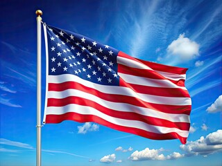 Obraz premium The American flag flutters vibrantly under a clear blue sky, representing the ideals of freedom and patriotism cherished by its people and nation.