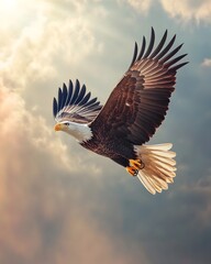 Obraz premium Majestic Bald Eagle Soaring Through Sky with American Flag Backdrop Symbolizing Strength and Freedom