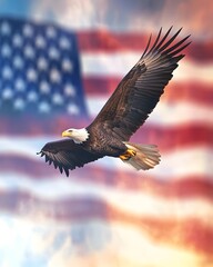 Naklejka premium Majestic Bald Eagle Soaring Through the Sky with American Flag in the Background