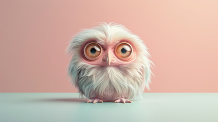 Fototapeta premium Cute fluffy pink owl with big eyes on pastel background