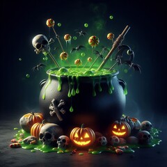 Naklejka premium A witch's cauldron burning brightly over a green fire on smoked creepy dark background