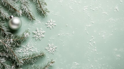 Soft green background showcases lush pine branches adorned with snowflakes and a shiny silver...