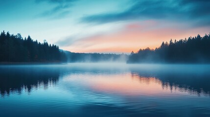 Fototapeta premium Tranquil Lake at Dusk with Mist and Reflection