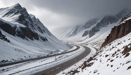 A rugged mountain pass engulfed in a blizzard, with snow swirling violently and visibility reduced to almost nothing, portraying a sense of danger and isolation, Generative AI