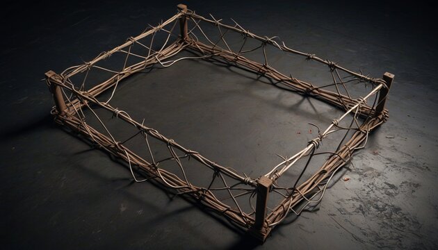 A makeshift trap made from barbed wire, lying on a dark surface, illustrating the creativity needed to outsmart zombies, Generative AI