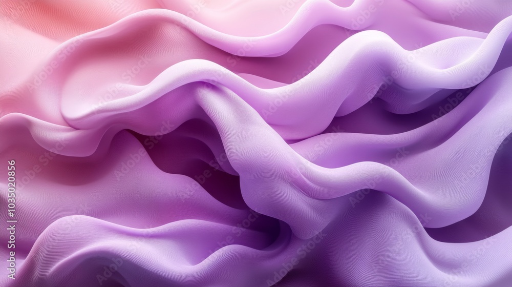 Poster silky fabric displays gentle waves and folds in soft pink and purple hues, illuminated by natural li
