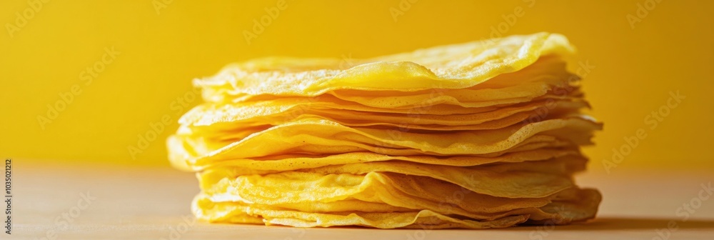 Poster Freshly cooked golden crepes neatly arranged in a stack, ready to be served or enjoyed with various toppings. Generative AI