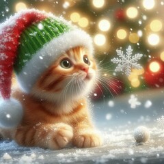 Adorable Ginger Kitten in Christmas Hat with Holiday Ornaments in Snowy Winter Wonderland Close Up.