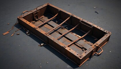 A rusted metal trap, set against a black surface, signifying the dangers of the zombie apocalypse and the need for caution, Generative AI