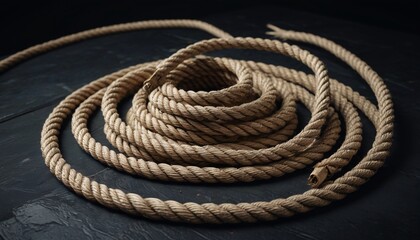 Obraz premium A frayed rope coiled neatly, lying on a dark table, hinting at the makeshift traps and defenses built in a desperate fight against the undead, Generative AI